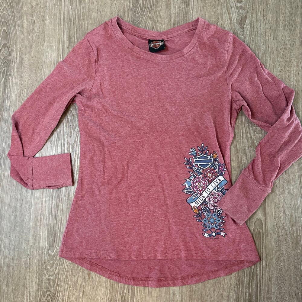 Harley-Davidson Women’s Long Sleeve Shirt Sz S Pink Retro Tattoo OK back Print​